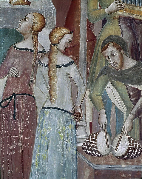 How the devil asks God to tempt Job, especially the drummer, 1367 (Fresco)