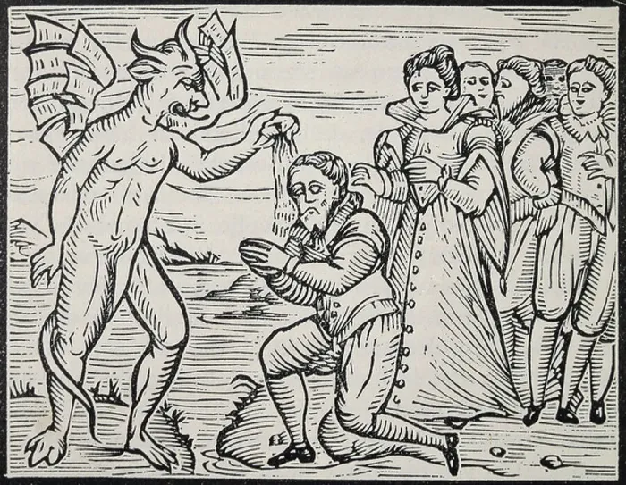 Framed Print : Devil baptizing sorcerer, engraving from Compendium Maleficarum, by Francesco Maria Guazzo, 1626, Italy, 17th century Framed Print : Devil baptizing sorcerer, engraving from Compendium Maleficarum, by Francesco Maria Guazzo, 1626, Italy, 17th century