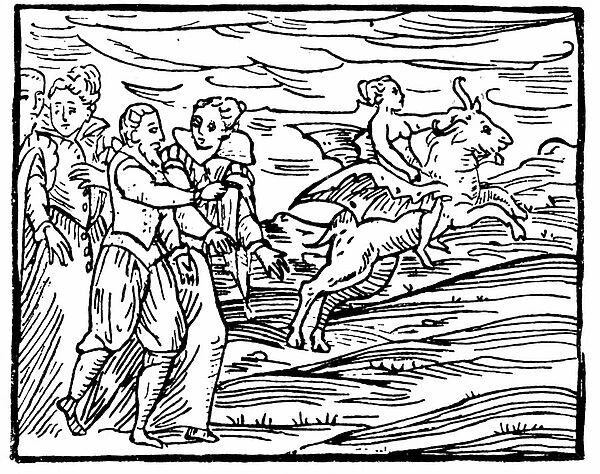 The Devil, in form of a flying goat, carrying a witch to the Sabbath
