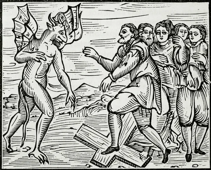 Framed Print : Devil making people trample on Cross, engraving from Compendium Maleficarum, by Francesco Maria Guazzo, 1626, Italy, 17th century Framed Print : Devil making people trample on Cross, engraving from Compendium Maleficarum, by Francesco Maria Guazzo, 1626, Italy, 17th century