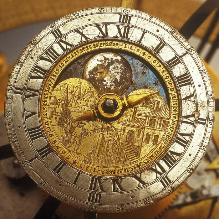 Framed Print : Dial detail of celestial clockwork globe, 17th century (gilt copper alloy, brass, gilt brass, blued-steel, engraved)