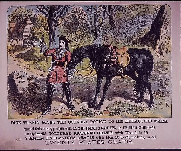 Dick Turpin with his horse Black Bess on his way to York (colour litho)
