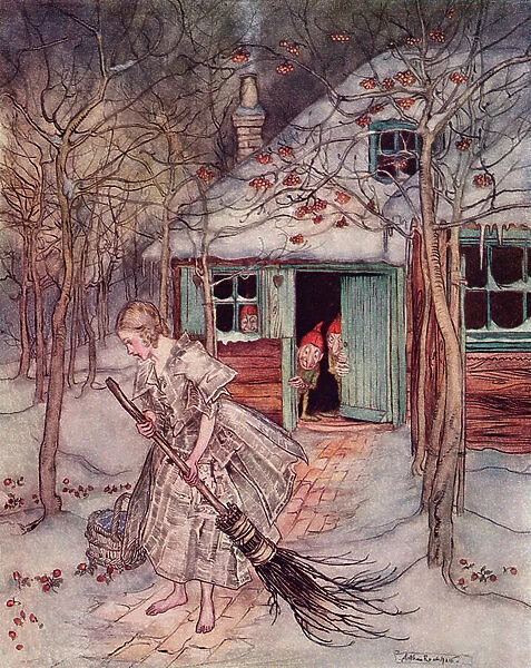 What did she find there but real ripe strawberries. Illustration by Arthur Rackham from Grimm's Fairy Tale, The Three Little Men in the Wood, published late 19th century