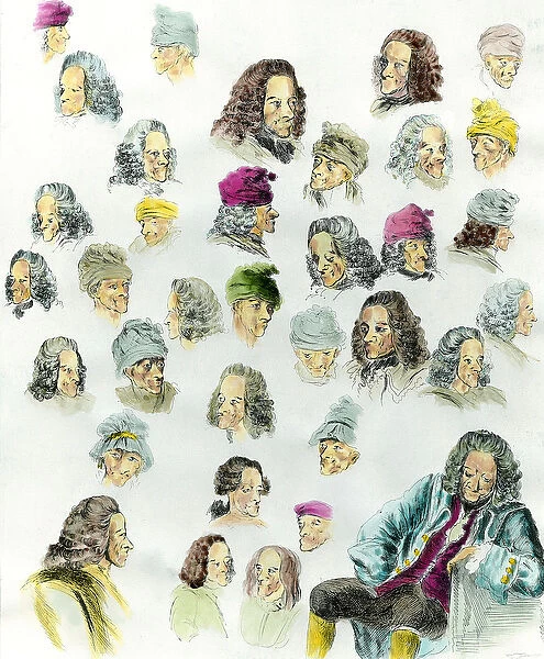 Different expressions and hairstyles of the writer Francois Marie Arouet de Voltaire