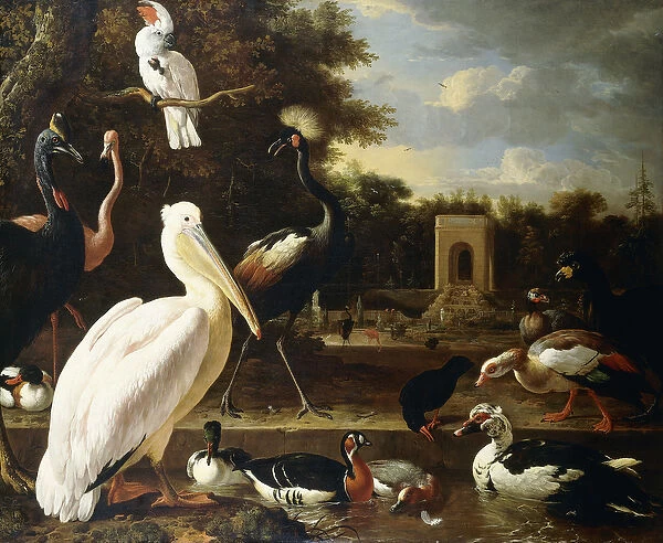 Many Different Types of Birds at a Pool in a Park, (oil on canvas)
