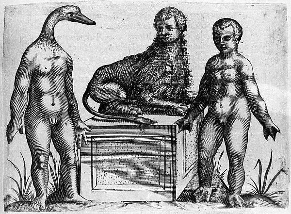 Different types of human monsters: a man with the head of a duck