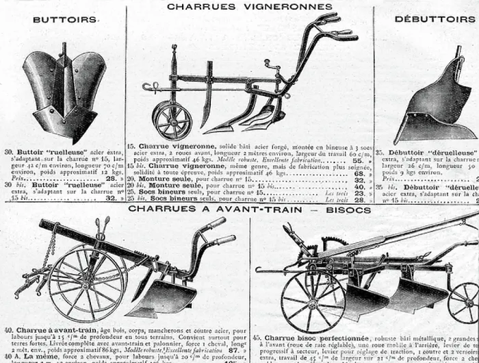 Framed Print : different types of plows (winemaker, foretrain, bisoc). Engraving from the catalogue of the Manufacture Francaise d'Armes et Cycles de Saint Etienne, 1913