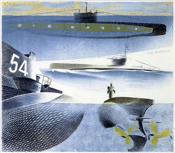 Different views of a submarine, in immersion, in flotation and from different angles of view. Color lithograph from the Submarine series, circa 1940, by Eric Ravilious (1903-1942)