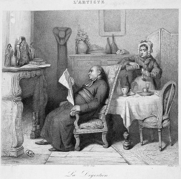Digestion: priest reading his diary in front of the chimney while his maid serves him a