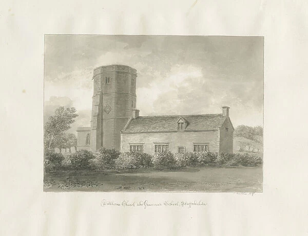 Dilhorne - Church and Grammar School: sepia drawing, 1847 (drawing)