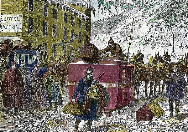 Diligence of European tourists arriving at the Col du Mont Cenis, 1850 (engraving)