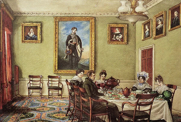 Dining room at Langton Hall, family at breakfast, c. 1832-3