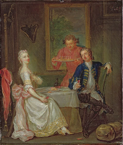 A Dinner Conversation (A Man and Woman Drinking at Supper) (oil on canvas)
