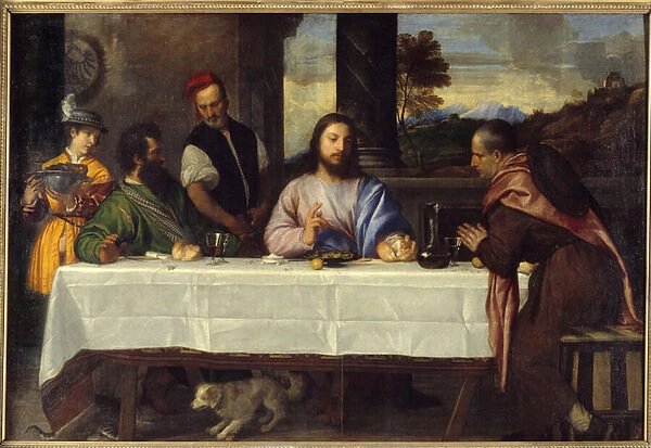 Dinner at Emmaus Meet Jesus with pelerins. Painting by Tiziano Vecellio dit le Titian
