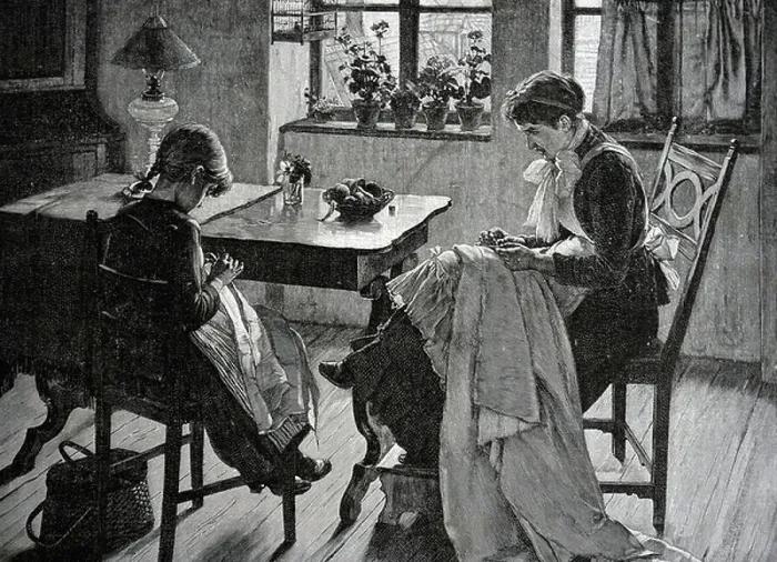 Framed Print : Dinner table needlework, 1893 Framed Print : Dinner table needlework, 1893