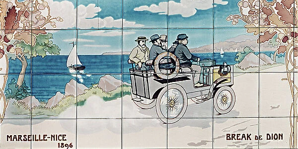 A De Dion break competing in the Marseille to Nice race of 1896: ceramic tiles manufactured by Gilardoni Fils et Cie of Paris, after a drawing by Ernest Montaut (1878-1909), 1908-10 (ceramic tiles)