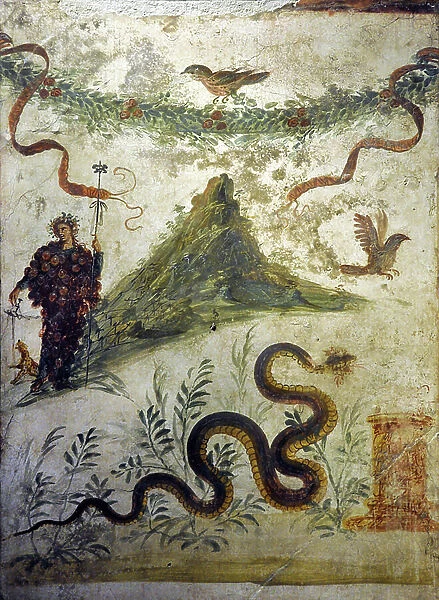 Dionysos vetu of grape clusters standing in front of Mount Vesuve - Fresco from Pompei, casa diel centenario (house of the centenario) - Naples, National Archeological Museum, (Napoli)