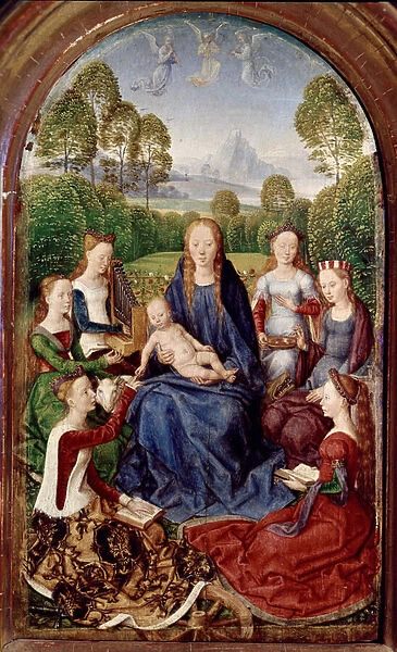 Diptych of Jean du Cellier: Virgin and six saints (oil on panel, 1490)