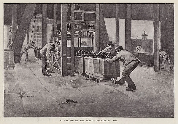 Discharging coal at the top of a mine shaft (litho)
