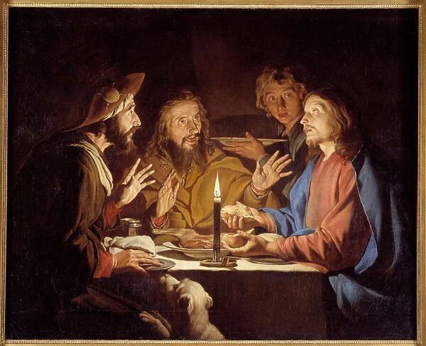 The disciples of Emmaus Christ appears to the pelerins seated at a table in an inn in