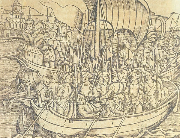 The Discovery of the New World by Chrisopher Columbus (1450-1596) illustration from Historia General de las Indias y Nuevo Mundo by Francisco Lopez de Gomara (b. 1510) 1554 (engraving)