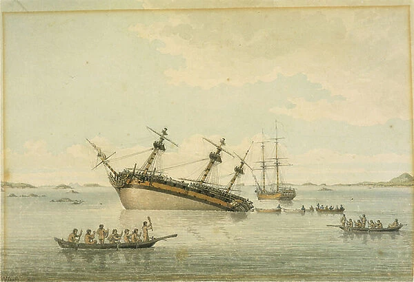 The Discovery on the rocks, Queen Charlotte's Sound, 1798 (watercolour)