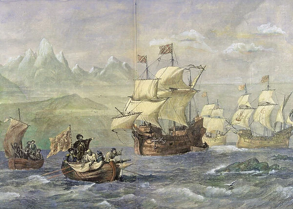 The Discovery of the Strait of Magellan (coloured engraving)