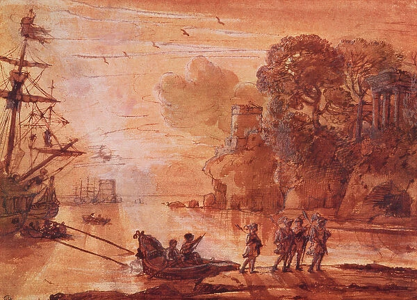 The Disembarkation of Warriors in a Port, possibly Aeneas in Latium, 1660-65 (pen
