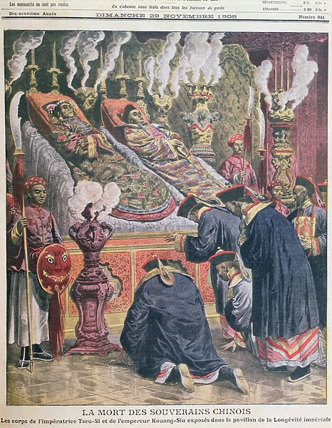The display of the bodies of the Emperor Kouang-Siu (1872-1908) and his aunt the Empress Tseu-Hi (1835-1908) in the pavilion of imperial longevity, illustration from Le Petit Journal 1908 (colour litho)