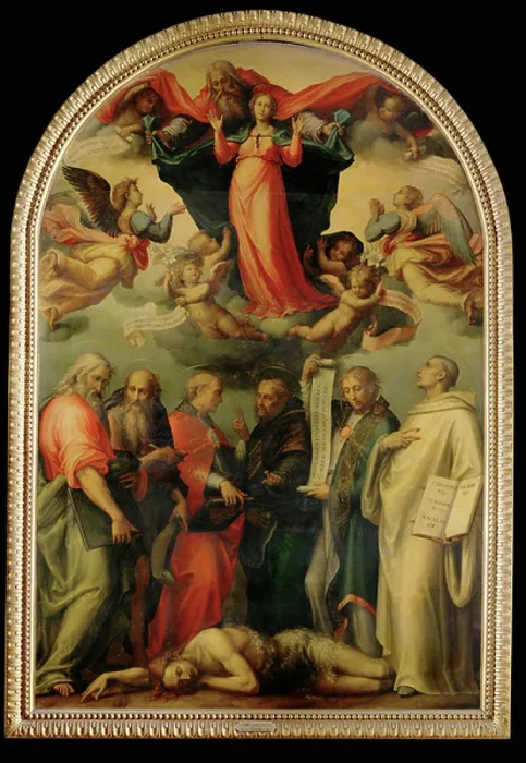 Framed Print : The disputation of the doctors about the Immaculate Conception, c.1530 (painting on wood)