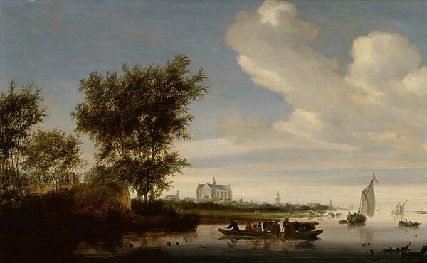 A Distant View of Alkmaar with Peasants and Cattle on a Ferry, 1657 (oil on panel)