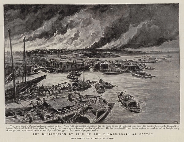 The Distruction by Fire of the Flower-Boats at Canton (litho)