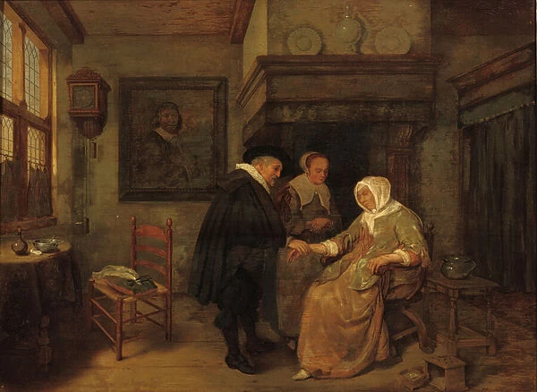 A doctor visiting a sick woman (oil on panel)