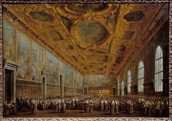 The Doge of Venice thanks the Major Council. The scene takes place at the Doge