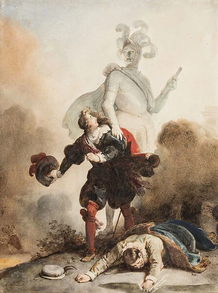 Don Juan et Leporello rencontrent la statue du Commandeur au cimetiere (graphite