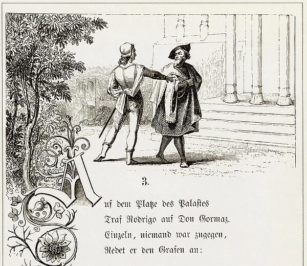 Don rodrigo (Rodrigue) and don Gormas father of Chimene, Illustration for 'Le Cid' 1802 (engraving)
