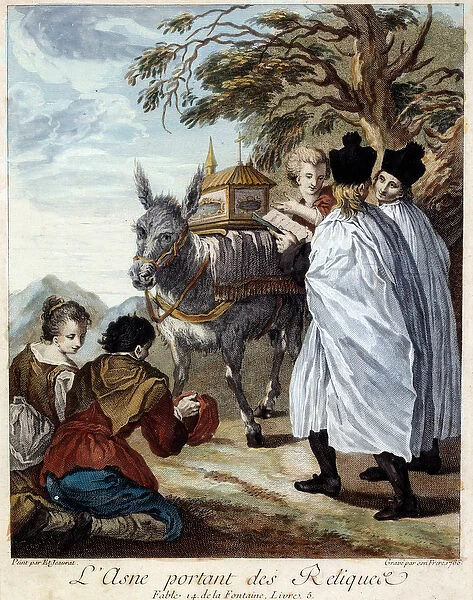 Donkey bearing relics. Illustration for the fable by Jean de La Fontaine