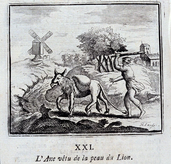 Donkey wearing the skin of the Lion. Fables by Jean de La Fontaine (1621-95)