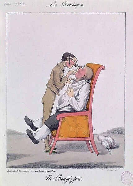 Don't Move!, caricature of a man at the dentist (colour litho)