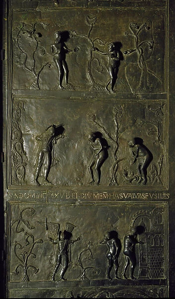 Door decorated with scenes of the Genesis: Adam and Eve eat the fruit of the broken tree and learn good and evil, then are hunted from the Garden of Eden. c. 1015 (Bronze High Relief)