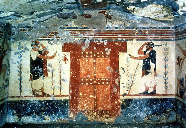 A door flanked by two guards, from the Tomb of the Augurs, 5th century BC (mural painting)
