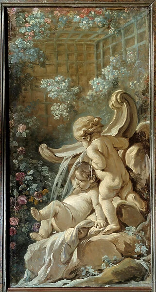Door panel of the living room Demarteau: fountain with two loves, one of which is lying