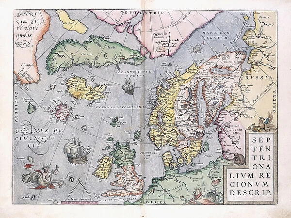 Double-page map of Northern Europe, 1575 (colour engraving)