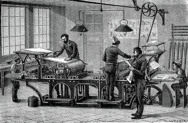Double printing typography press factory, 1880 (engraving)