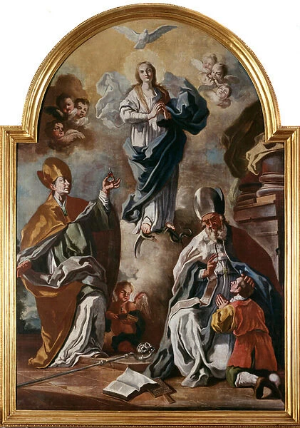 The dove of the Holy Spirit appears above the Virgin with saints (oil on canvas