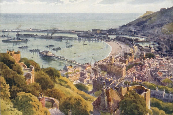 Dover Harbour from the Castle (colour litho)