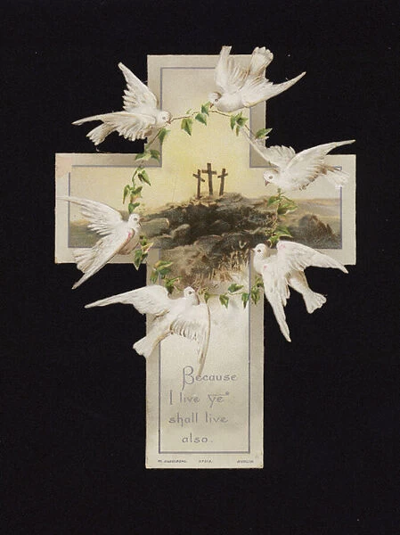 Doves carrying a wreath above the three crosses on the hilltop of Calvary, Christian greetings card (chromolitho)