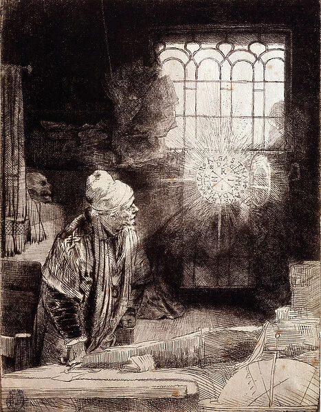 Dr. Faust in his workshop Copper engraving by Rembrandt Harmensch van Rijn (1606 - 1669)