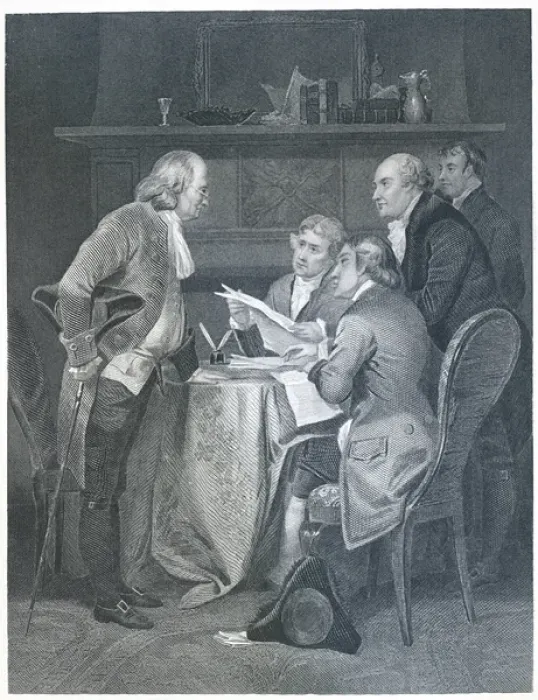 Framed Print : Drafting the Declaration of Independence in 1776, 1859 (engraving) (b  /  w photo)