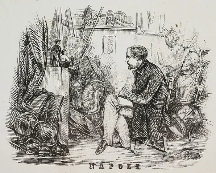 Framed Print : Draftsman portraying two puppets in his study full of objects, title page of Poliorama Pittoresco, year 9, II semester Framed Print : Draftsman portraying two puppets in his study full of objects, title page of Poliorama Pittoresco, year 9, II semester